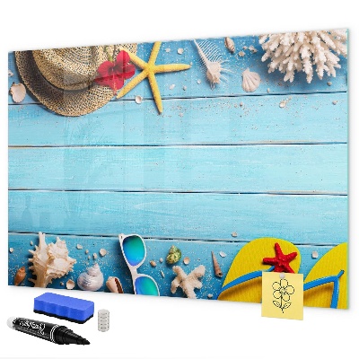 Decoratief glazen wandbord beschrijfbaar en magnetisch Zomerse herinneringen op een blauwe achtergrond