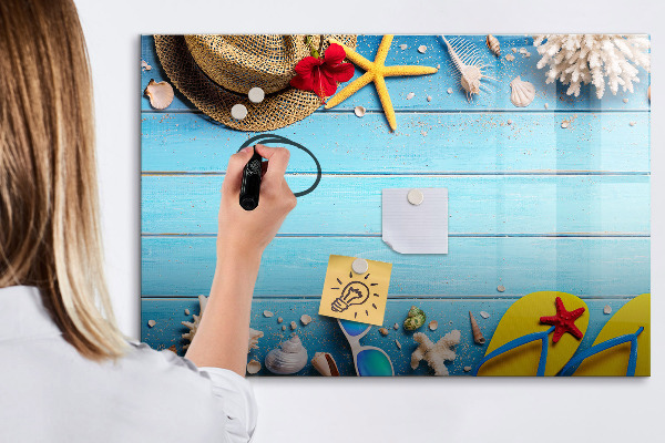 Decoratief glazen wandbord beschrijfbaar en magnetisch Zomerse herinneringen op een blauwe achtergrond