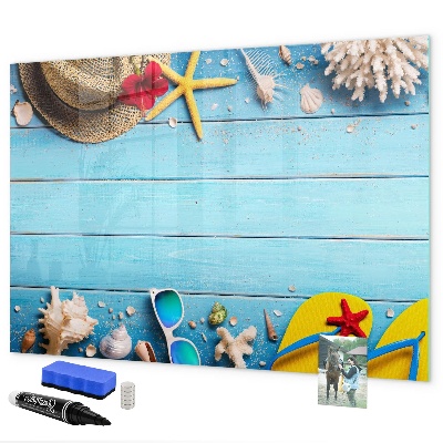 Decoratief glazen wandbord beschrijfbaar en magnetisch Zomerse herinneringen op een blauwe achtergrond