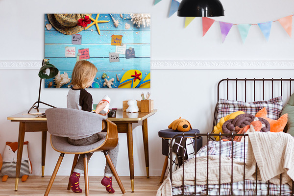 Decoratief glazen wandbord beschrijfbaar en magnetisch Zomerse herinneringen op een blauwe achtergrond
