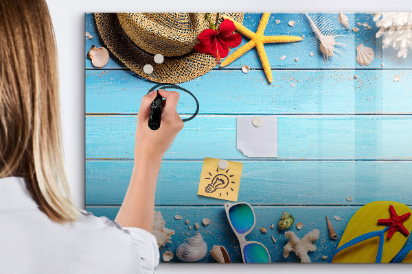 Decoratief glazen wandbord beschrijfbaar en magnetisch Zomerse herinneringen op een blauwe achtergrond