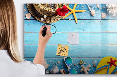 Decoratief glazen wandbord beschrijfbaar en magnetisch Zomerse herinneringen op een blauwe achtergrond