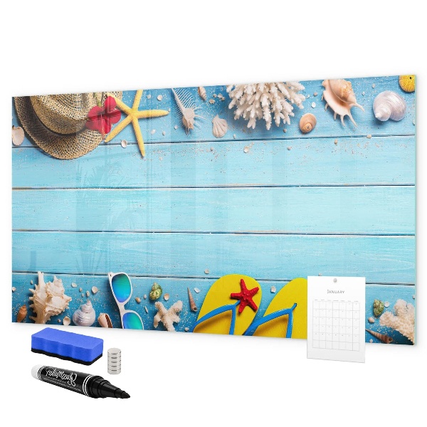 Decoratief glazen wandbord beschrijfbaar en magnetisch Zomerse herinneringen op een blauwe achtergrond