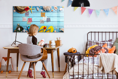 Decoratief glazen wandbord beschrijfbaar en magnetisch Zomerse herinneringen op een blauwe achtergrond