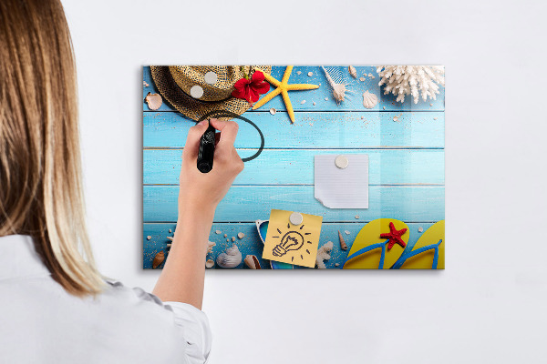 Decoratief glazen wandbord beschrijfbaar en magnetisch Zomerse herinneringen op een blauwe achtergrond