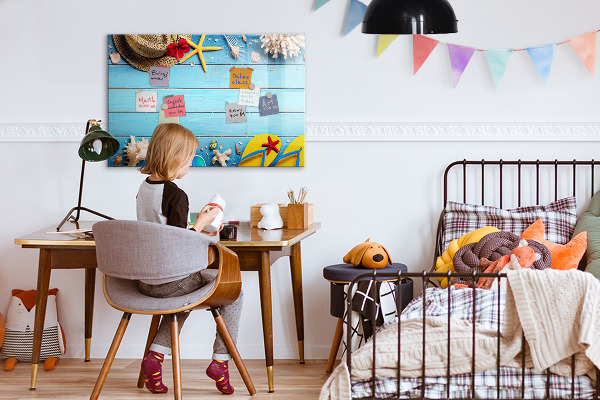 Decoratief glazen wandbord beschrijfbaar en magnetisch Zomerse herinneringen op een blauwe achtergrond