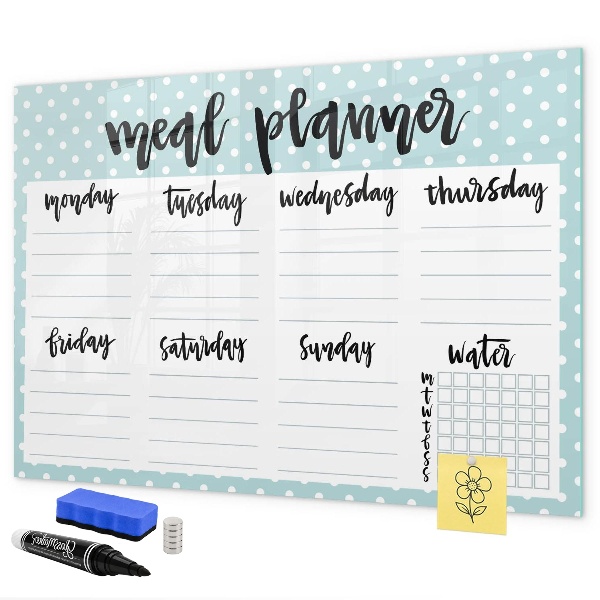 Memobord van glas met print inclusief neodymium magneten Maaltijdplanner voor de hele week