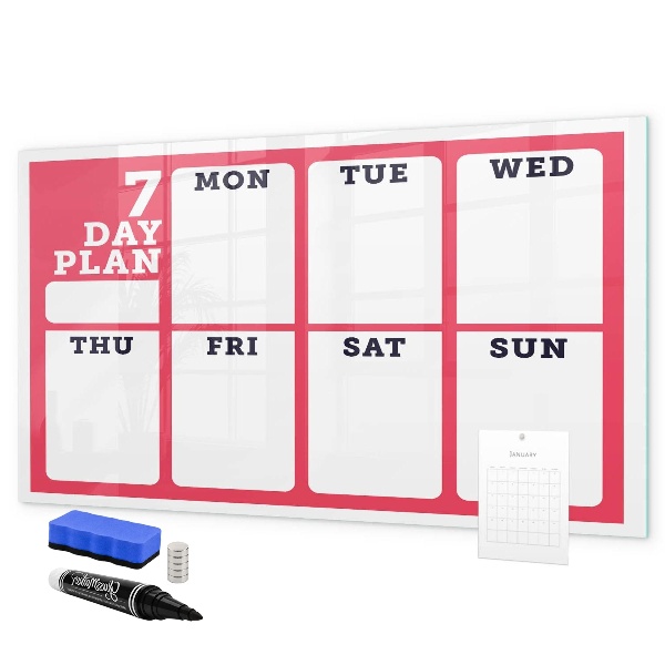 Memobord van glas met print inclusief neodymium magneten Weekplanning met ruimte voor foto's