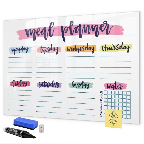 Memobord van glas met print inclusief neodymium magneten Dagelijkse maaltijdplanner