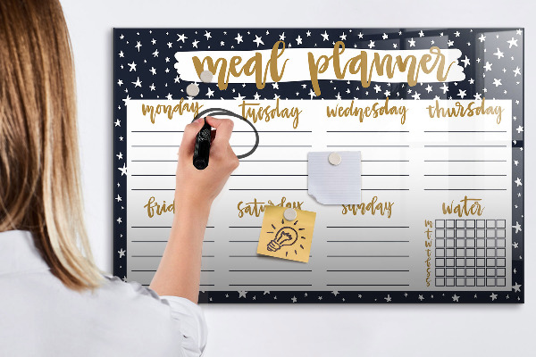 Memobord van glas met print inclusief neodymium magneten Maaltijdplanner voor elke week