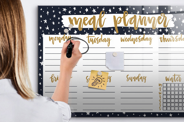 Memobord van glas met print inclusief neodymium magneten Maaltijdplanner voor elke week