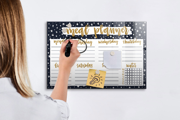 Memobord van glas met print inclusief neodymium magneten Maaltijdplanner voor elke week