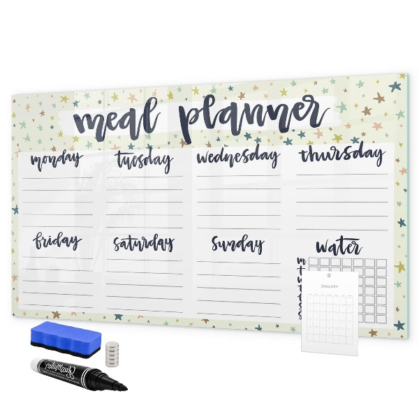 Decoratief glazen wandbord beschrijfbaar en magnetisch Maaltijdplanner voor elke week