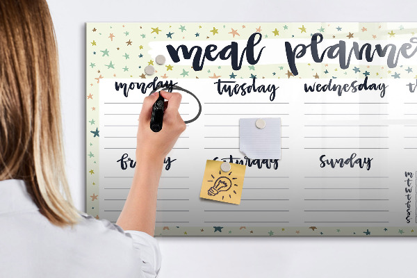 Decoratief glazen wandbord beschrijfbaar en magnetisch Maaltijdplanner voor elke week
