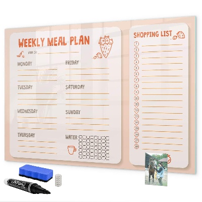 Decoratief glazen wandbord beschrijfbaar en magnetisch Maaltijdplan voor elke week