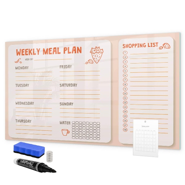 Decoratief glazen wandbord beschrijfbaar en magnetisch Maaltijdplan voor elke week