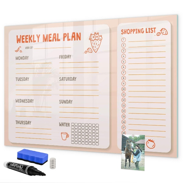 Decoratief glazen wandbord beschrijfbaar en magnetisch Maaltijdplan voor elke week