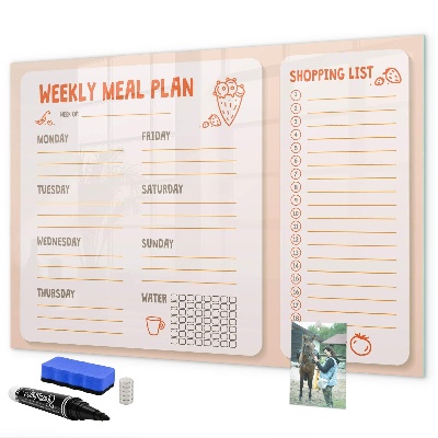 Decoratief glazen wandbord beschrijfbaar en magnetisch Maaltijdplan voor elke week