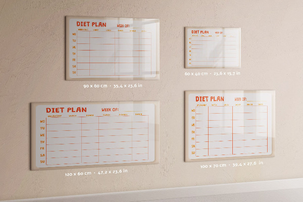 Decoratief glazen wandbord beschrijfbaar en magnetisch Dieetplan voor de hele week