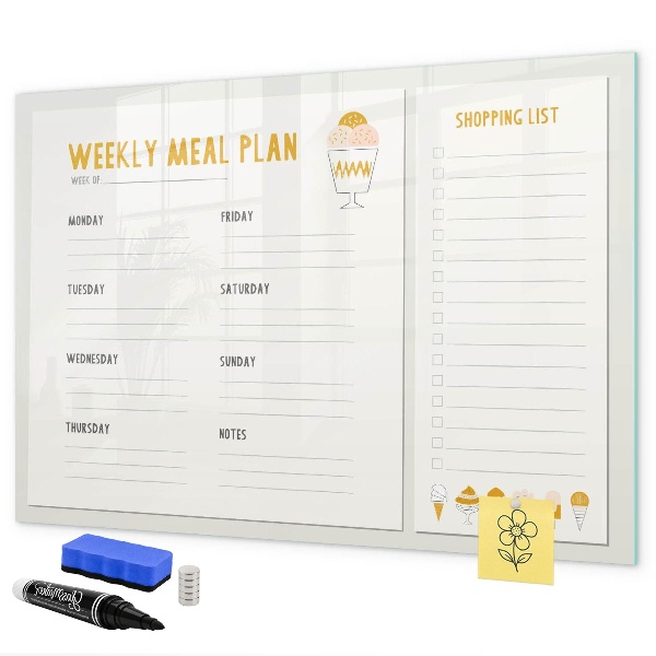 Decoratief glazen wandbord beschrijfbaar en magnetisch Maaltijdplan voor de week