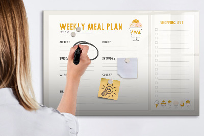 Decoratief glazen wandbord beschrijfbaar en magnetisch Maaltijdplan voor de week