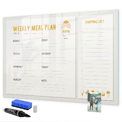 Decoratief glazen wandbord beschrijfbaar en magnetisch Maaltijdplan voor de week