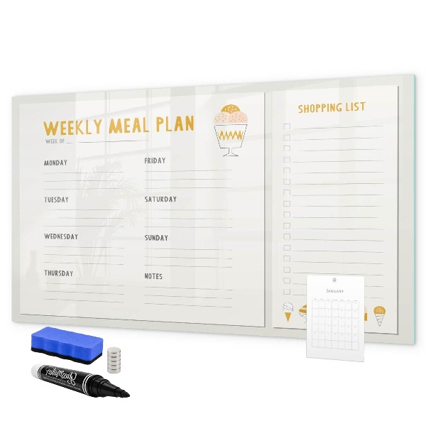 Decoratief glazen wandbord beschrijfbaar en magnetisch Maaltijdplan voor de week