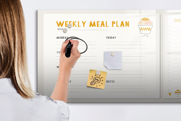 Decoratief glazen wandbord beschrijfbaar en magnetisch Maaltijdplan voor de week