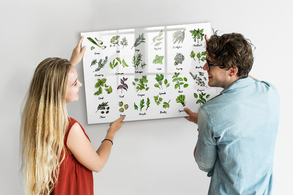 Decoratief glazen wandbord beschrijfbaar en magnetisch Kruiden en foto's op één plek