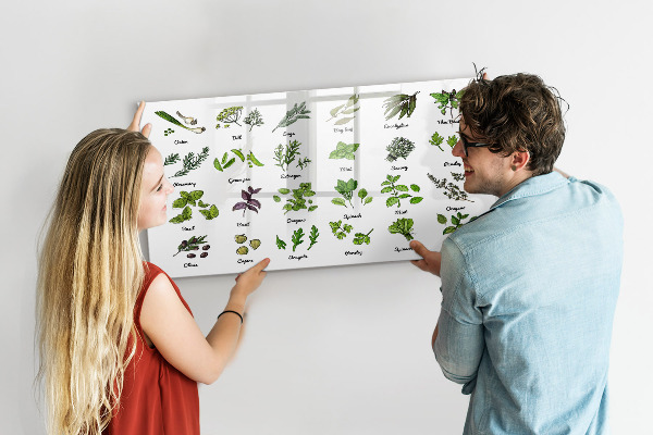 Decoratief glazen wandbord beschrijfbaar en magnetisch Kruiden en foto's op één plek