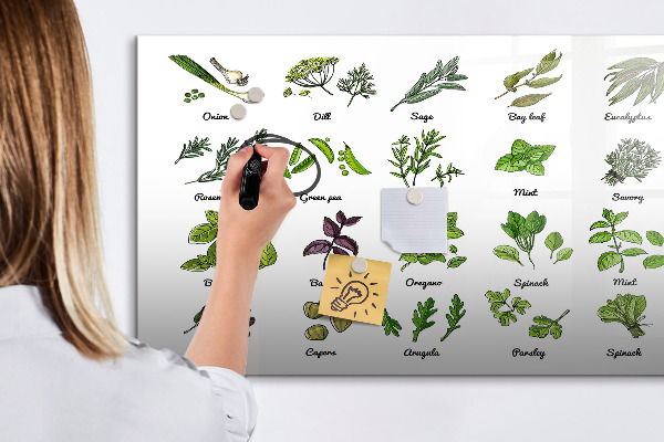 Decoratief glazen wandbord beschrijfbaar en magnetisch Kruiden en foto's op één plek