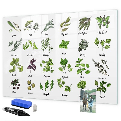 Decoratief glazen wandbord beschrijfbaar en magnetisch Kruiden en foto's op één plek