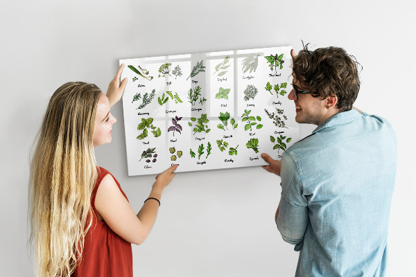 Decoratief glazen wandbord beschrijfbaar en magnetisch Kruiden en foto's op één plek