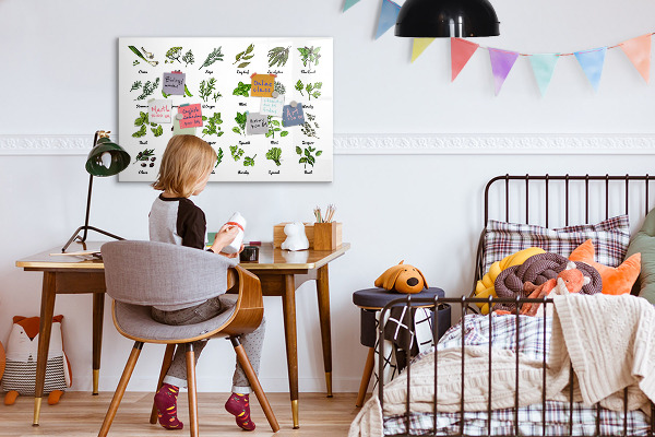 Decoratief glazen wandbord beschrijfbaar en magnetisch Kruiden en foto's op één plek