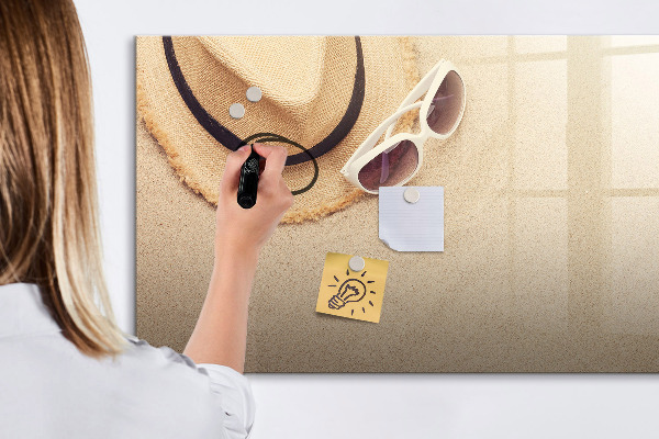 Memobord van glas met print inclusief neodymium magneten Zomerherinneringen op een kurkbord