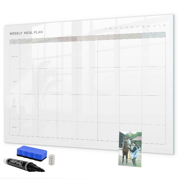 Memobord van glas met print inclusief neodymium magneten Maaltijdplan voor de hele week