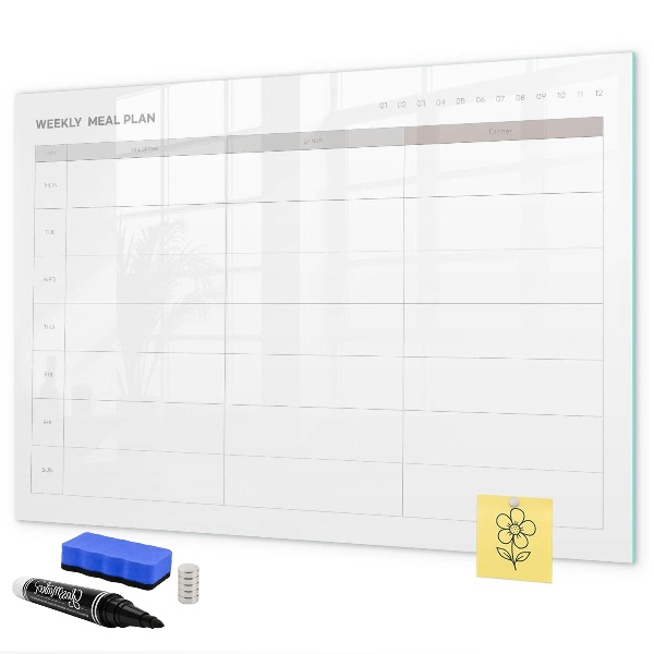 Decoratief glazen wandbord beschrijfbaar en magnetisch Maaltijdplan voor de week