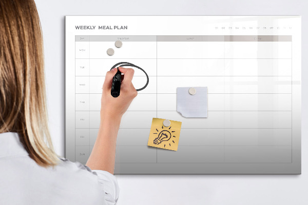 Decoratief glazen wandbord beschrijfbaar en magnetisch Maaltijdplan voor de week