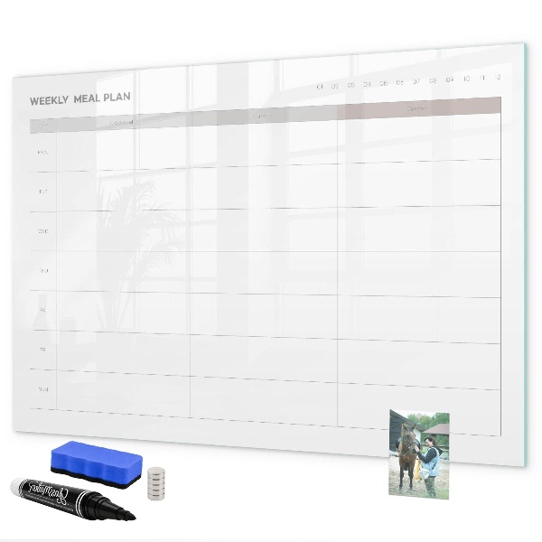 Decoratief glazen wandbord beschrijfbaar en magnetisch Maaltijdplan voor de week