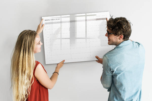 Decoratief glazen wandbord beschrijfbaar en magnetisch Maaltijdplan voor de week