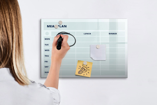 Memobord van glas met print inclusief neodymium magneten Maaltijdplan met ruimte voor foto's