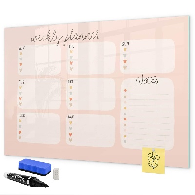 Decoratief glazen wandbord beschrijfbaar en magnetisch Weekplanner met ruimte voor foto's