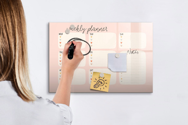 Decoratief glazen wandbord beschrijfbaar en magnetisch Weekplanner met ruimte voor foto's