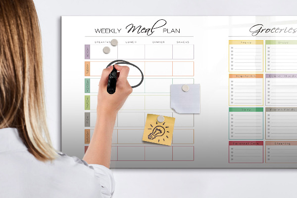 Decoratief glazen wandbord beschrijfbaar en magnetisch Maaltijdplan en boodschappenlijst