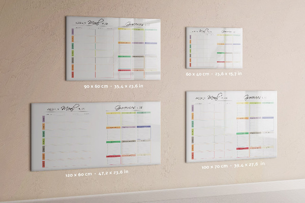 Decoratief glazen wandbord beschrijfbaar en magnetisch Maaltijdplan en boodschappenlijst