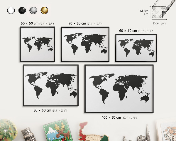 Wandbord voor magneten in een zwarte lijst Wereldkaart