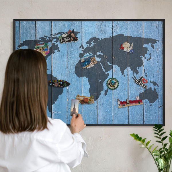 Wandbord voor magneten in een zwarte lijst Wereldkaart