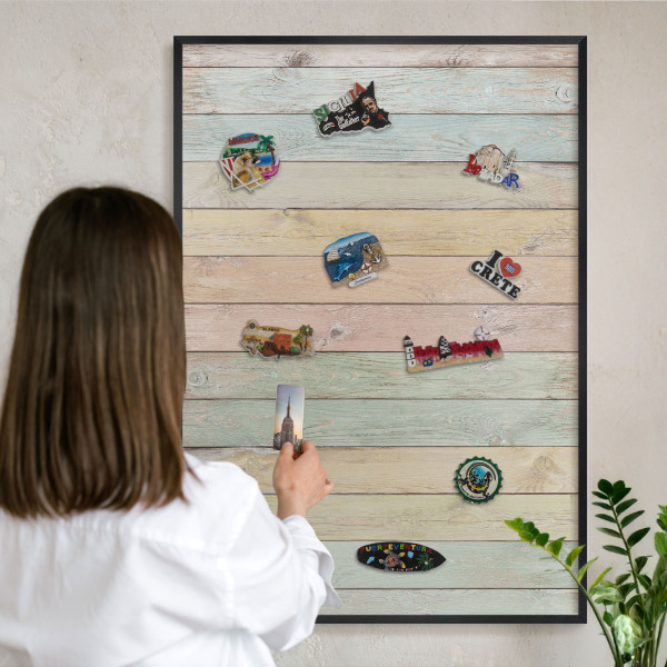 Wandbord voor magneten in een zwarte lijst Rustieke planken