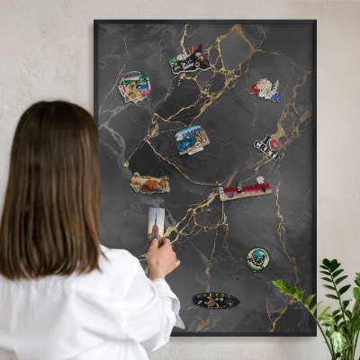 Wandbord voor magneten in een zwarte lijst Zwart marmer