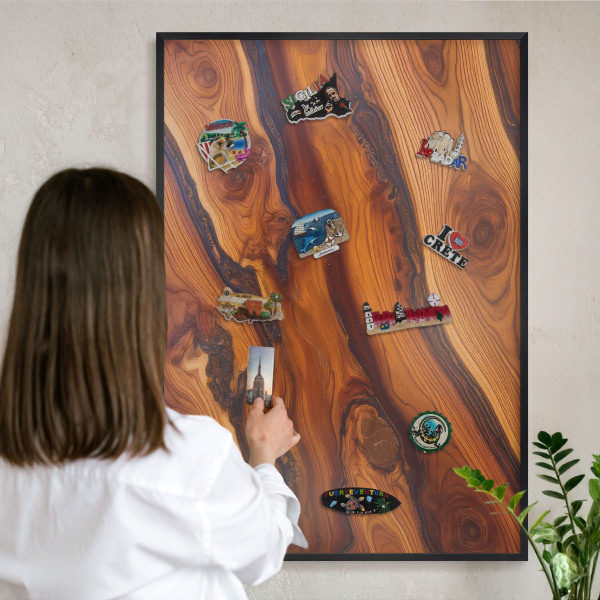 Wandbord voor magneten in een zwarte lijst Houten ringen